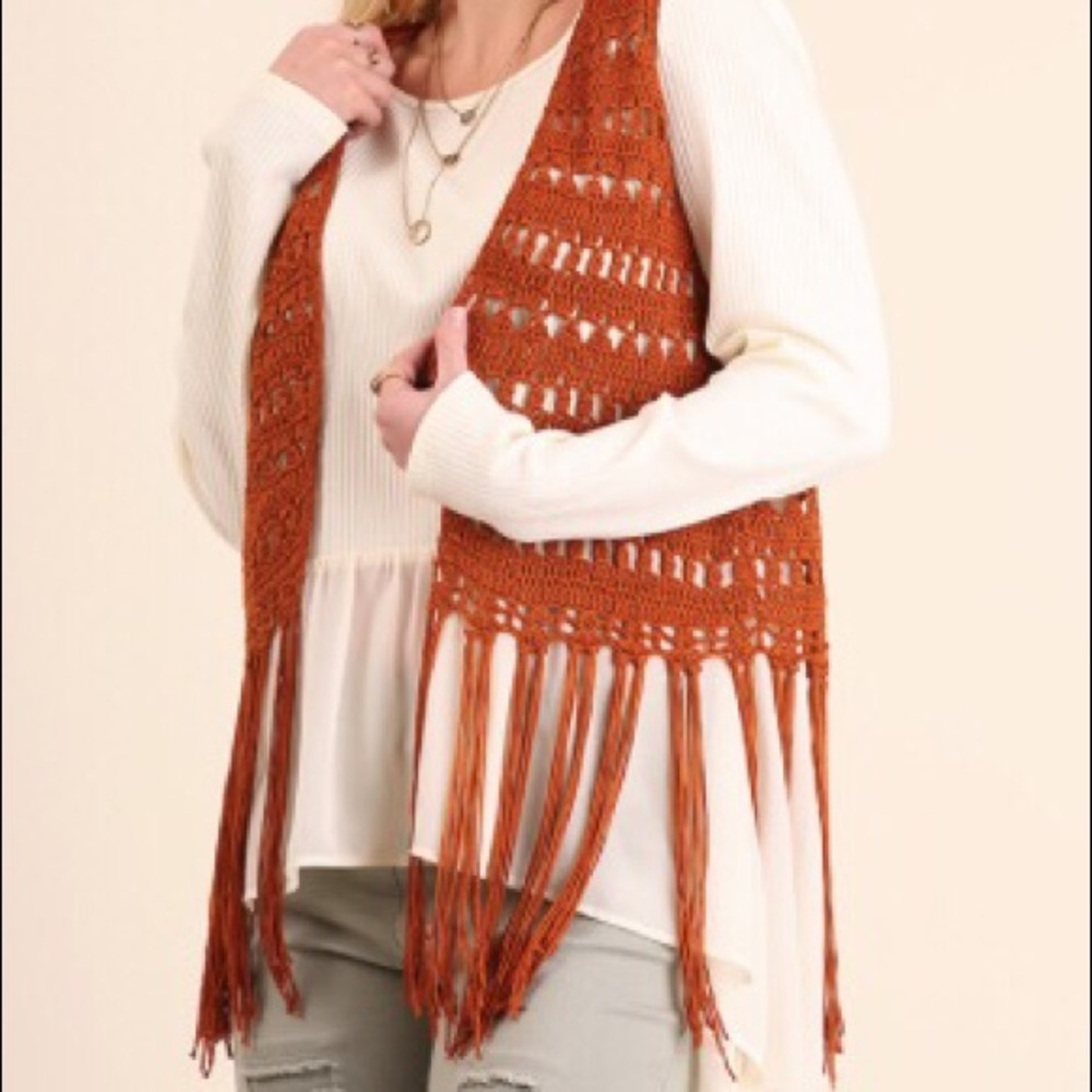 Plus size Terra-cotta fringe vest